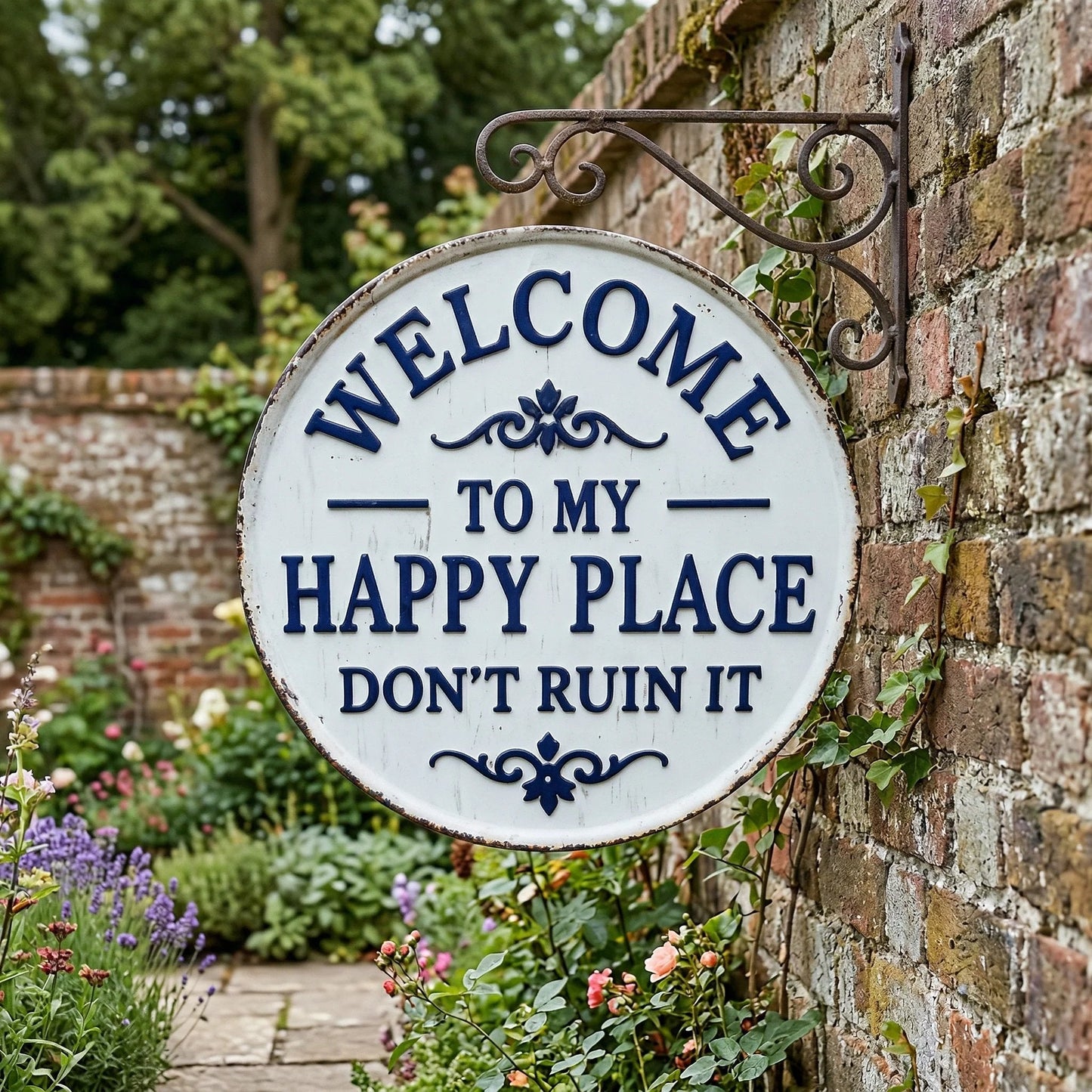 Vintage round metal sign - "Welcome to my happy place, don't ruin it" - wall decoration for the garden