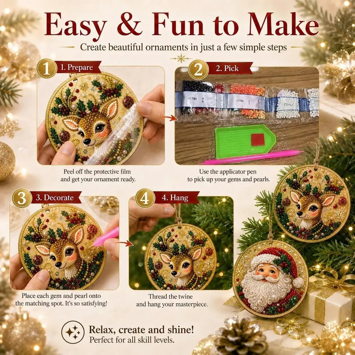🎄🦌 6-Pack Christmas Diamond Painting Ornament Kit | Make Beautiful Hand‐Made Decorations🎁