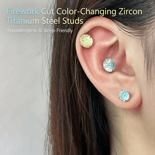🌈Firework-cut, color-shifting zirconium titanium steel earrings – allergy-friendly and sleep-friendly
