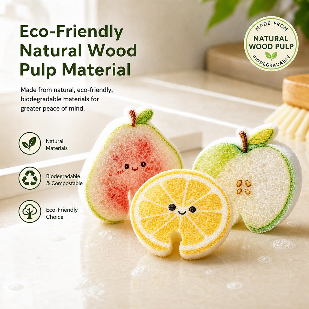🍎Cute Fruit-Shaped Wood Pulp Sponge, Double Sided Non Scratch Kitchen Scrub Pads