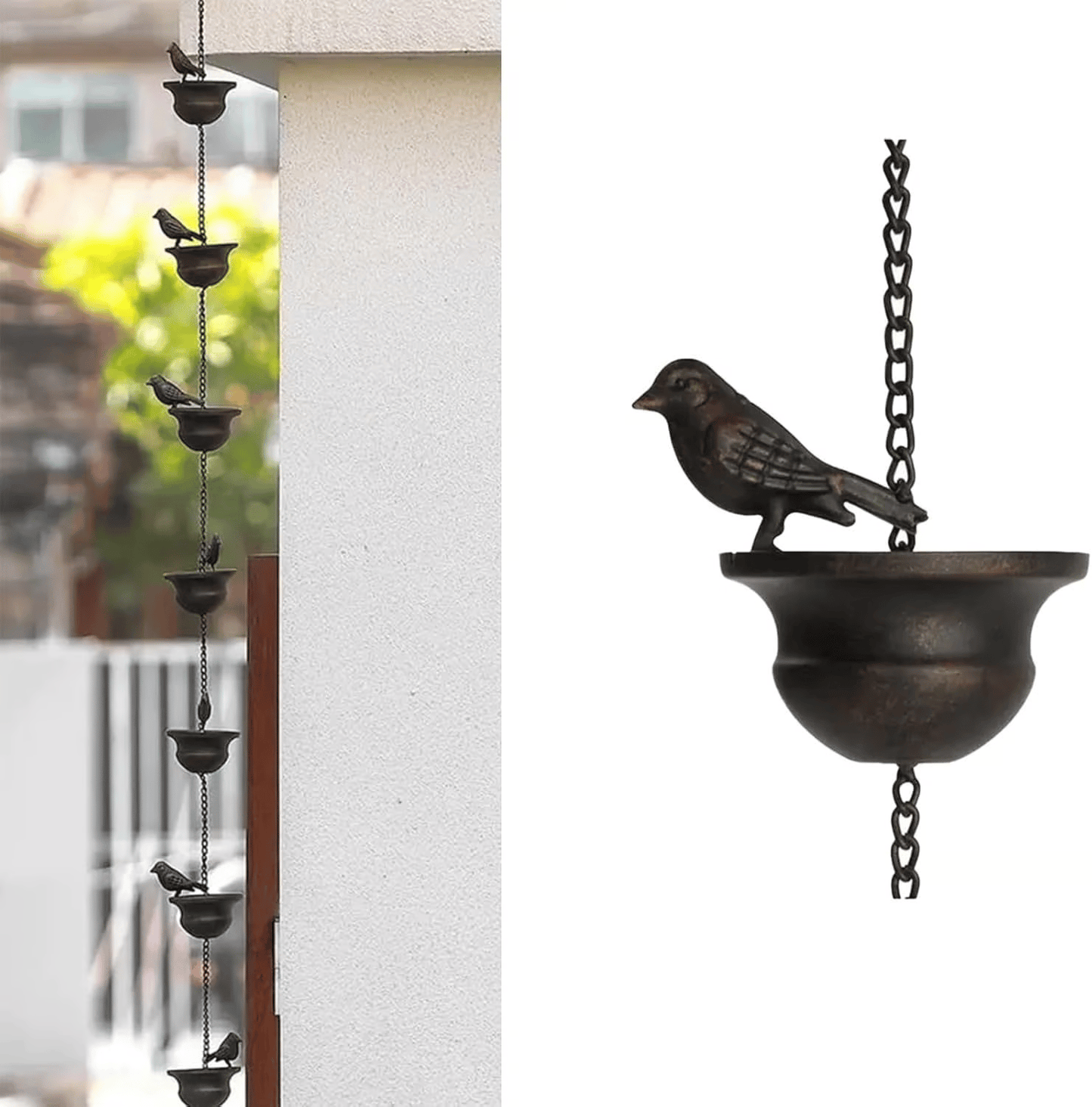 Where rain meets art - decorative rain chain with bird bath design