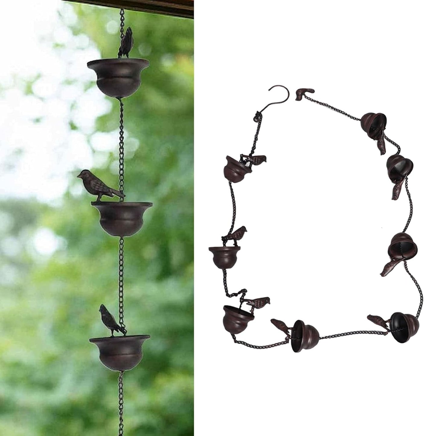 Where rain meets art - decorative rain chain with bird bath design