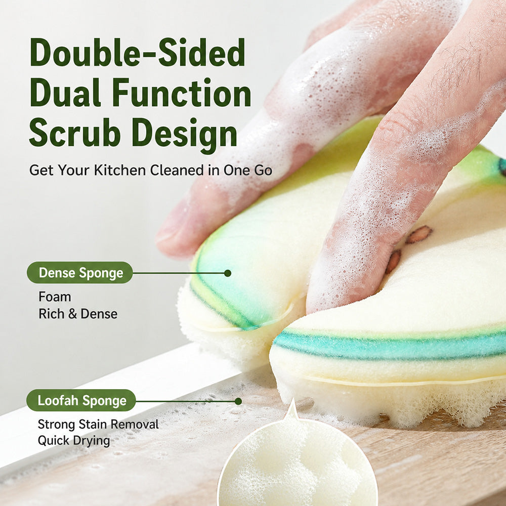 🍎Cute Fruit-Shaped Wood Pulp Sponge, Double Sided Non Scratch Kitchen Scrub Pads