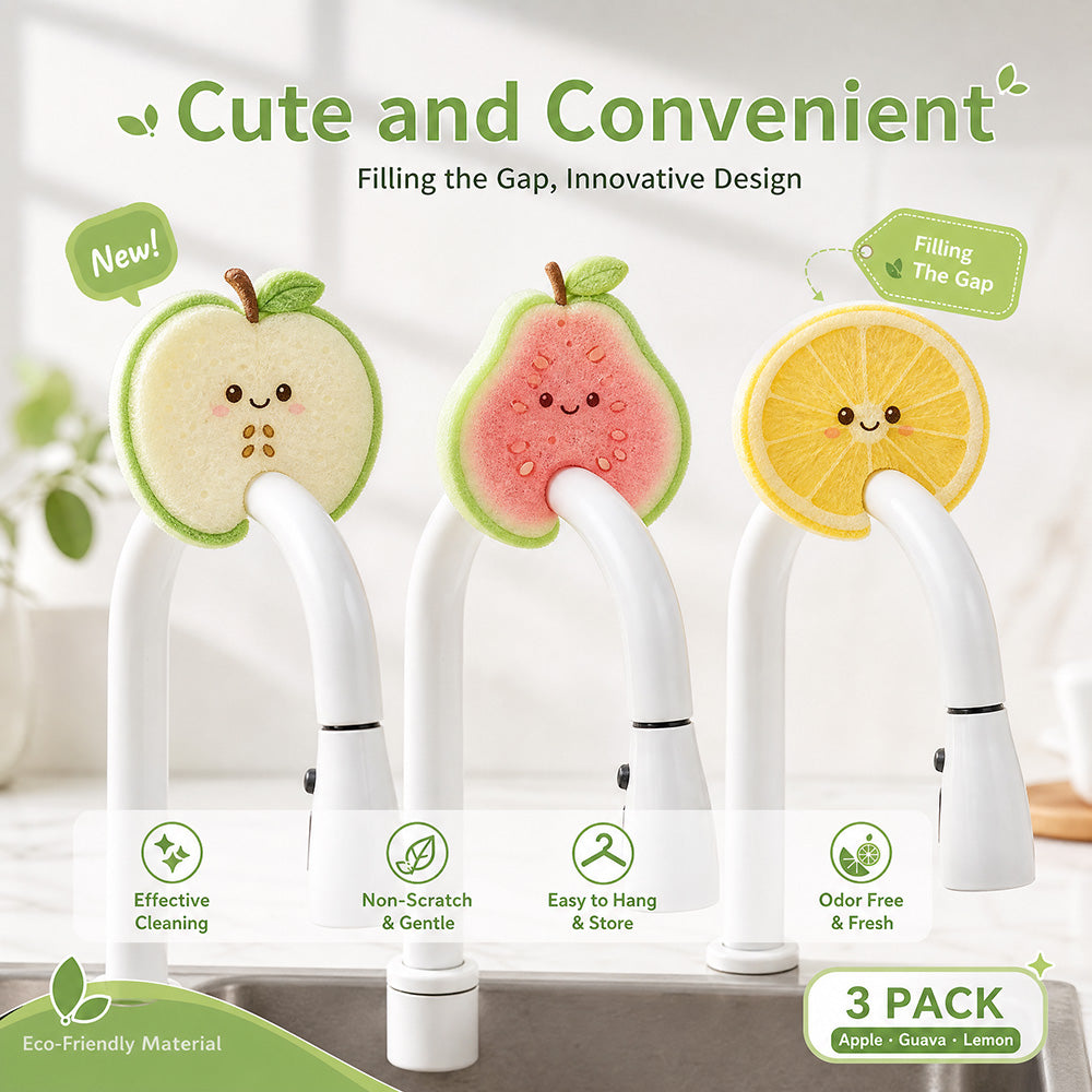 🍎Cute Fruit-Shaped Wood Pulp Sponge, Double Sided Non Scratch Kitchen Scrub Pads