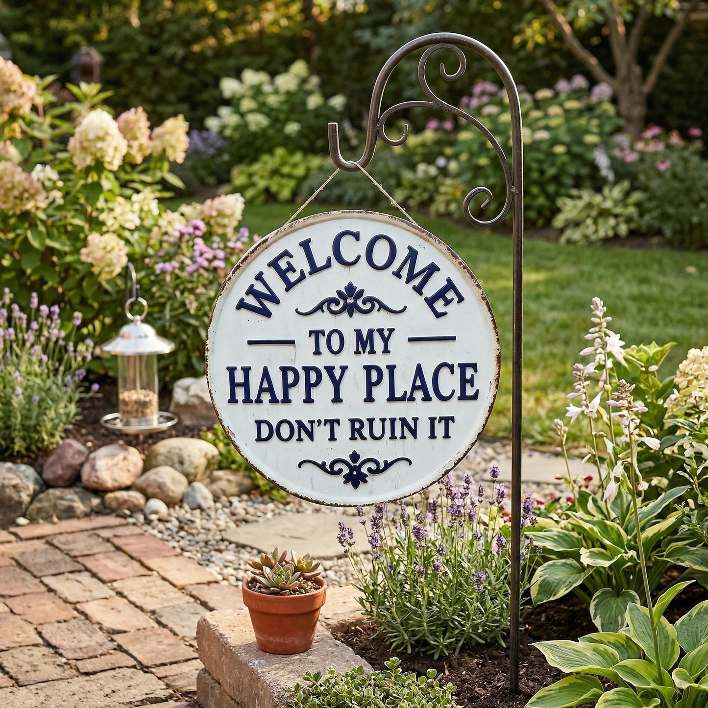 Vintage round metal sign - "Welcome to my happy place, don't ruin it" - wall decoration for the garden