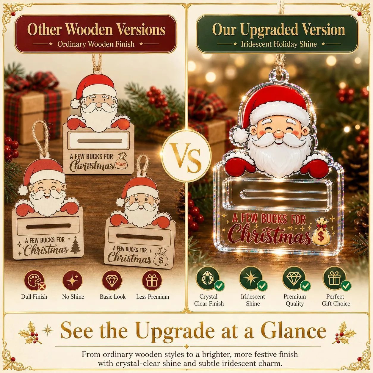 🎄Crystal-Clear Christmas Cash Holder Ornament | Premium Clear Acrylic with Festive Character Detail, Hidden Cash Slot & Hanging Rope Included 💵✨