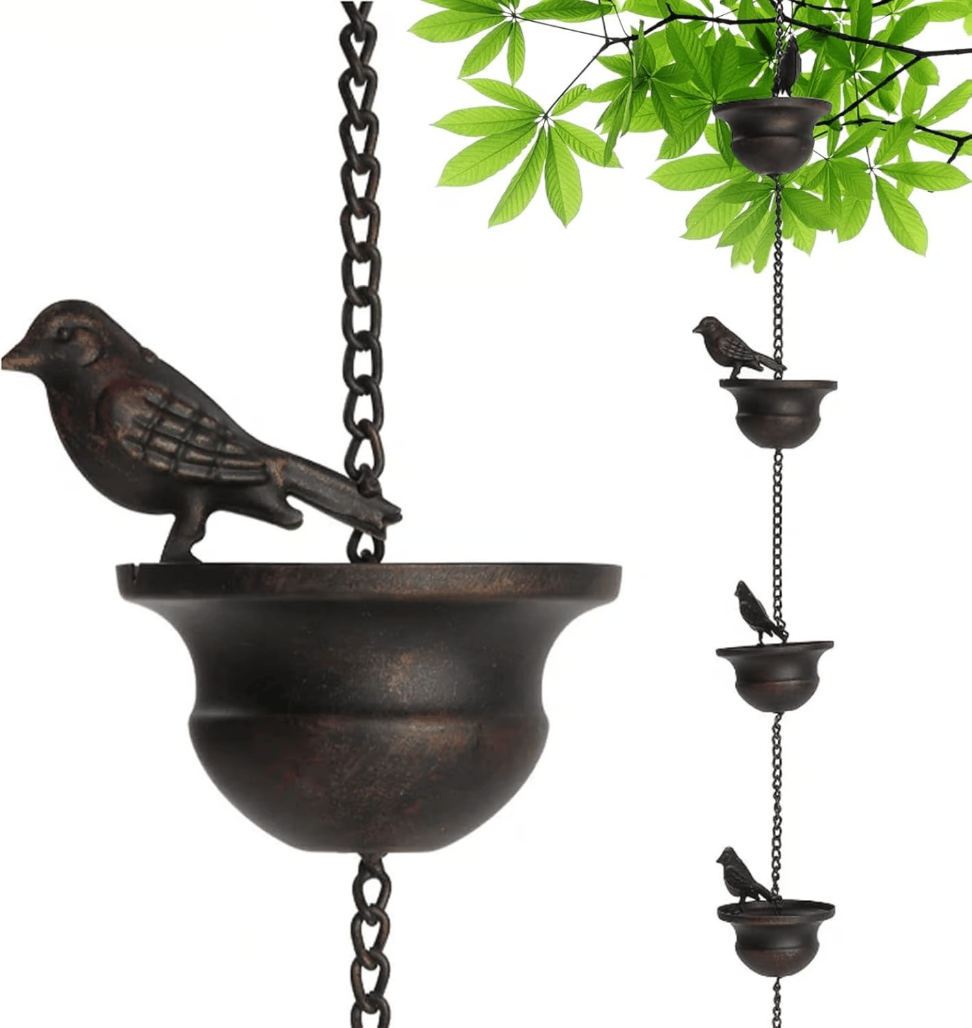Where rain meets art - decorative rain chain with bird bath design
