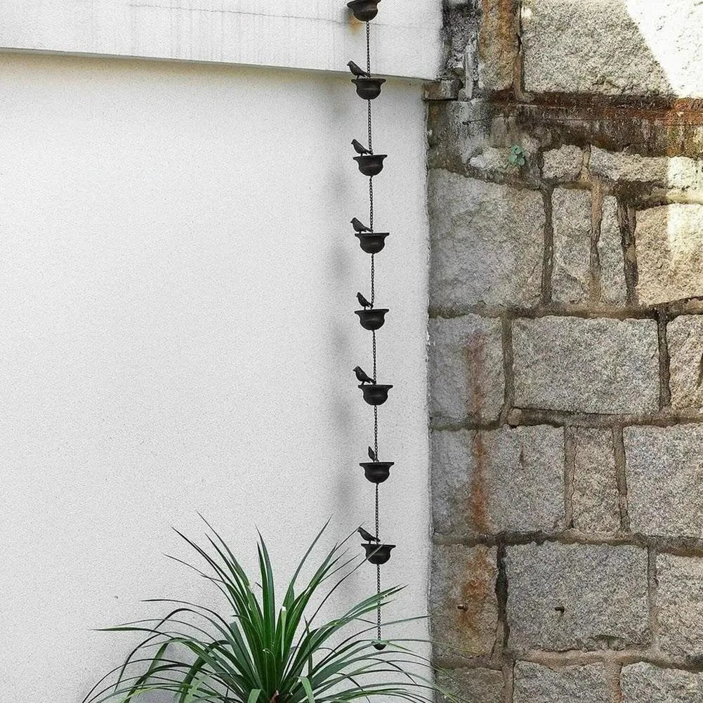 Where rain meets art - decorative rain chain with bird bath design