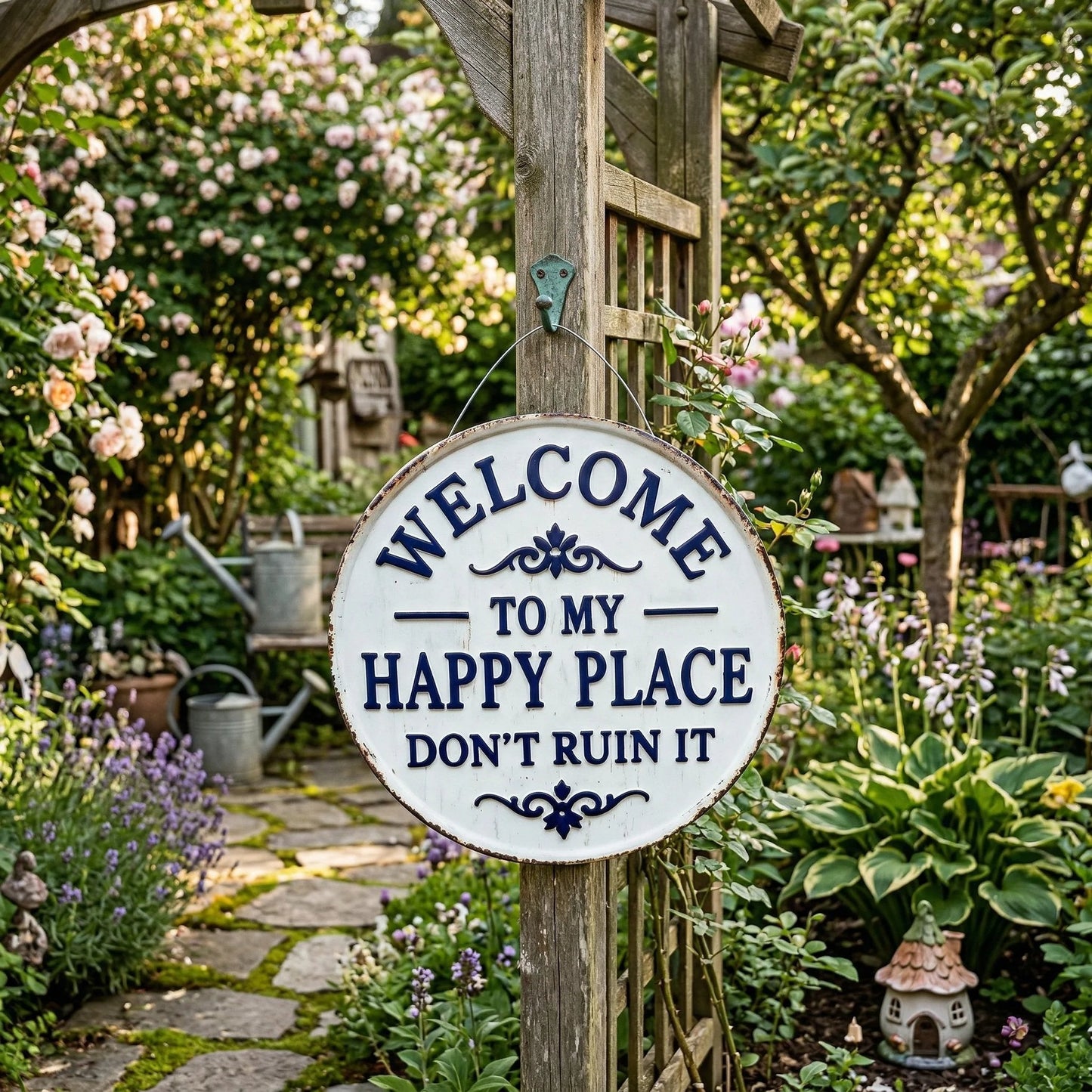 Vintage round metal sign - "Welcome to my happy place, don't ruin it" - wall decoration for the garden