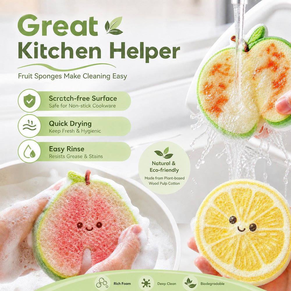 🍎Cute Fruit-Shaped Wood Pulp Sponge, Double Sided Non Scratch Kitchen Scrub Pads