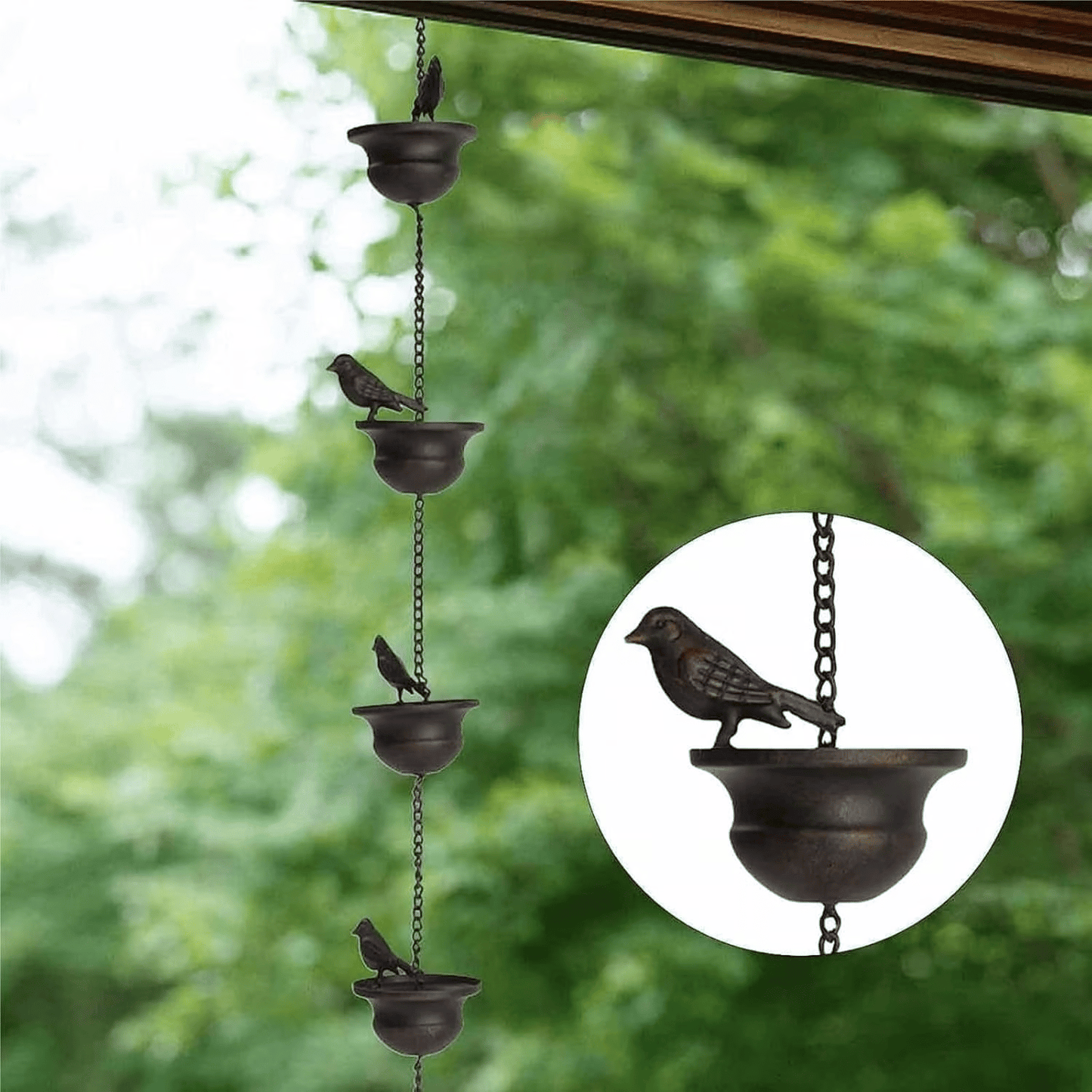Where rain meets art - decorative rain chain with bird bath design