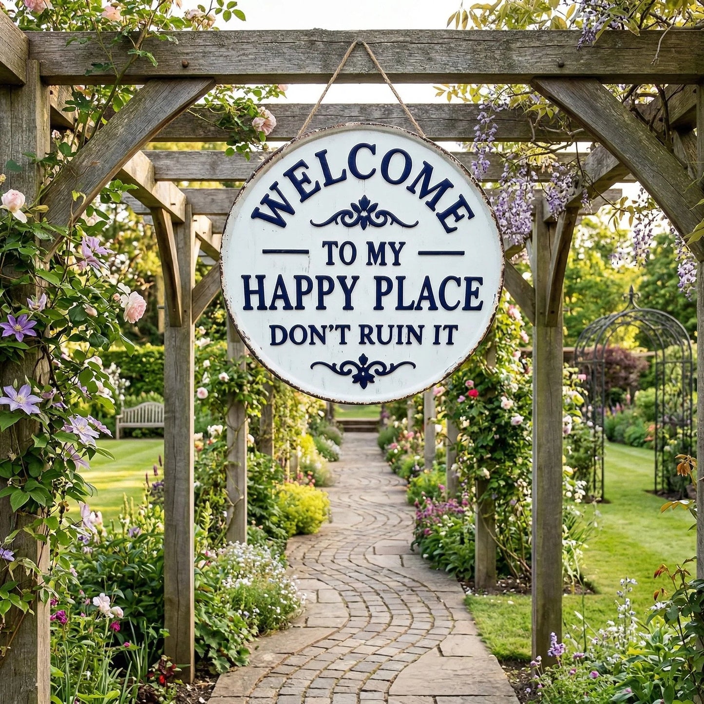 Vintage round metal sign - "Welcome to my happy place, don't ruin it" - wall decoration for the garden