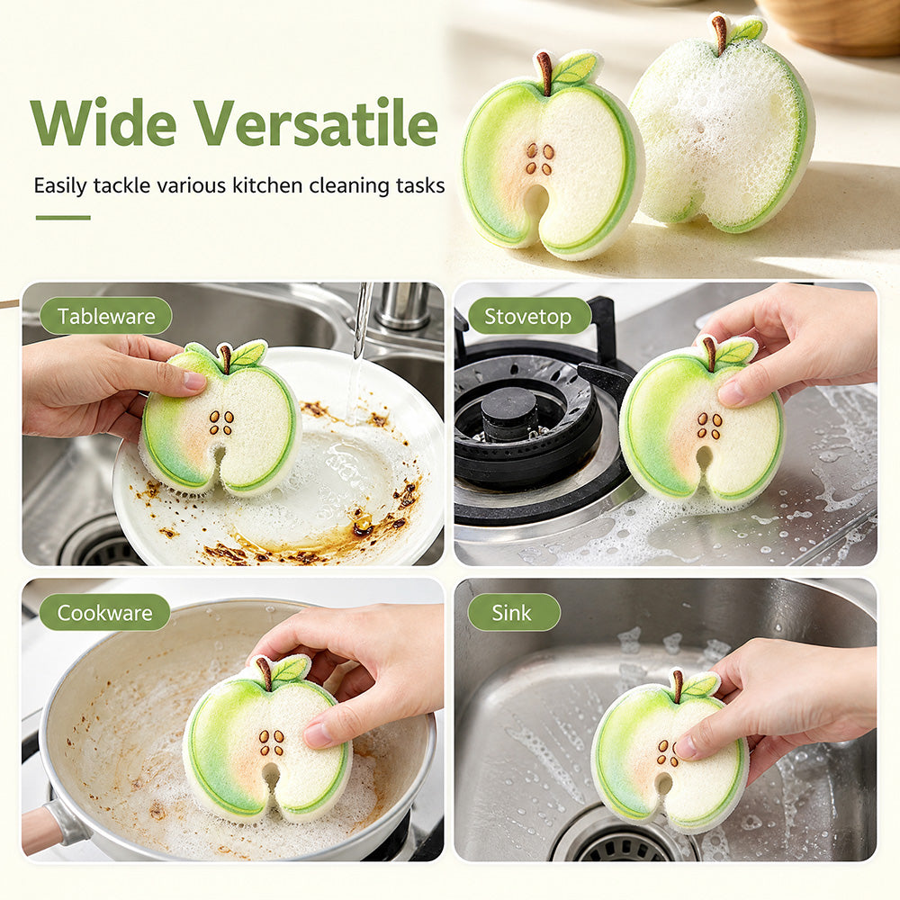 🍎Cute Fruit-Shaped Wood Pulp Sponge, Double Sided Non Scratch Kitchen Scrub Pads