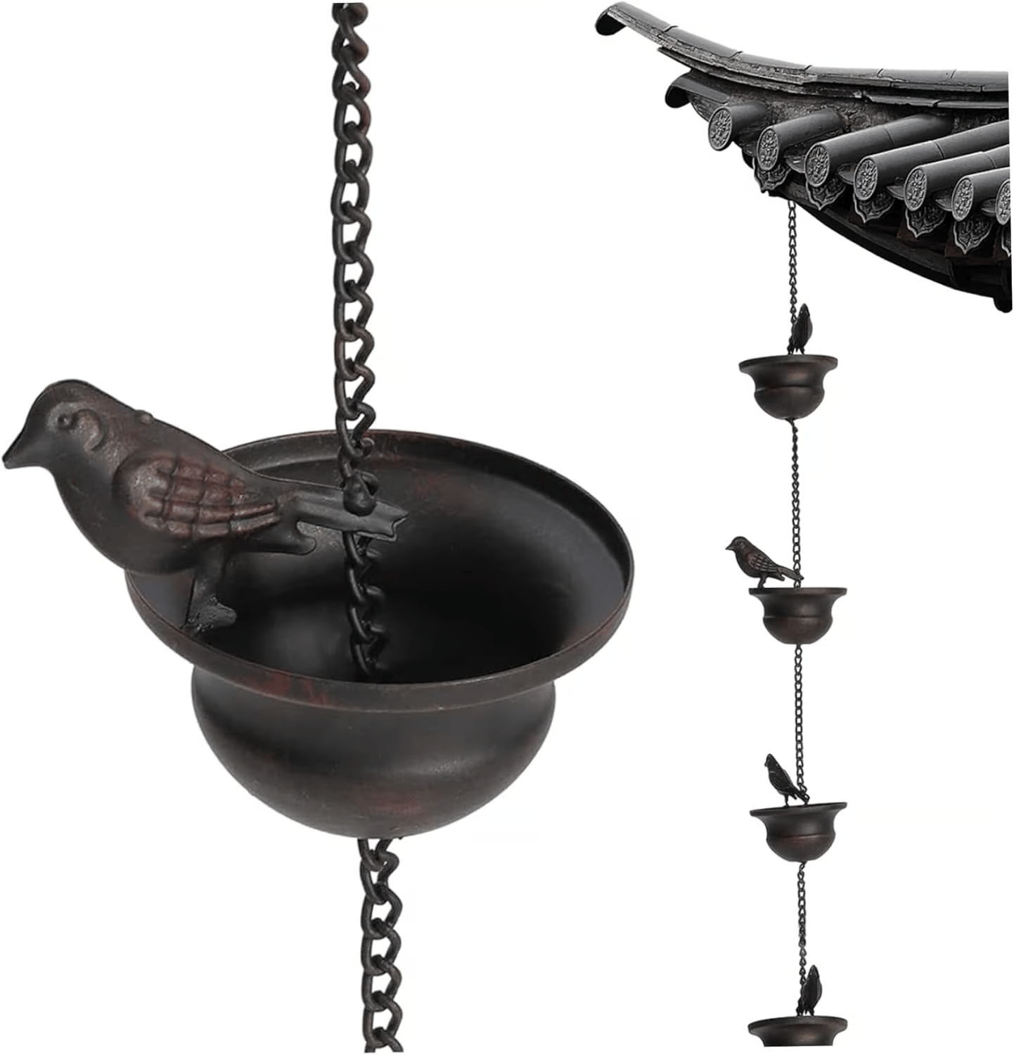 Where rain meets art - decorative rain chain with bird bath design