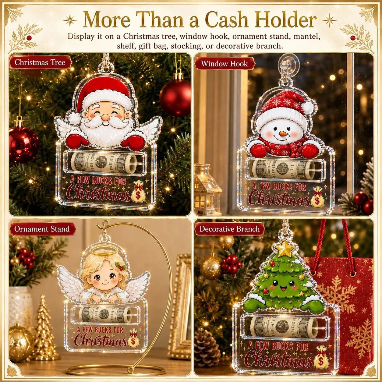 🎄Crystal-Clear Christmas Cash Holder Ornament | Premium Clear Acrylic with Festive Character Detail, Hidden Cash Slot & Hanging Rope Included 💵✨