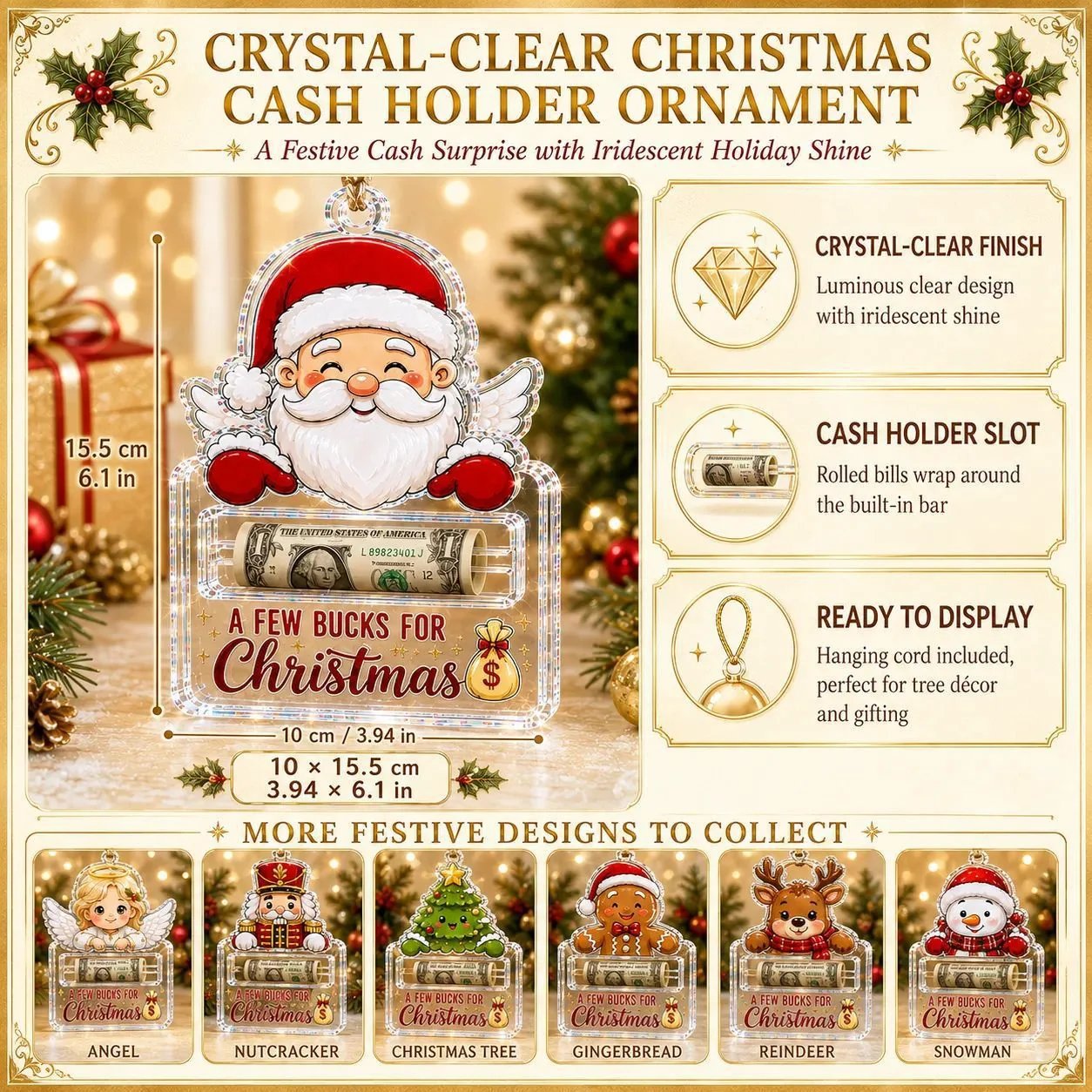 🎄Crystal-Clear Christmas Cash Holder Ornament | Premium Clear Acrylic with Festive Character Detail, Hidden Cash Slot & Hanging Rope Included 💵✨
