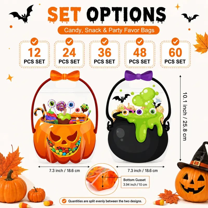 🎃 Halloween Goodie Bags – 12/24/36/48/60 Pcs Treat Bags 👻🧡