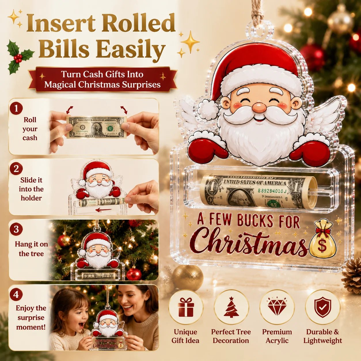 🎄Crystal-Clear Christmas Cash Holder Ornament | Premium Clear Acrylic with Festive Character Detail, Hidden Cash Slot & Hanging Rope Included 💵✨