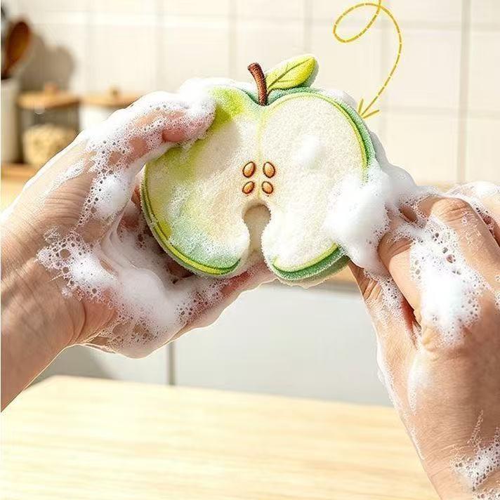 🍎Cute Fruit-Shaped Wood Pulp Sponge, Double Sided Non Scratch Kitchen Scrub Pads