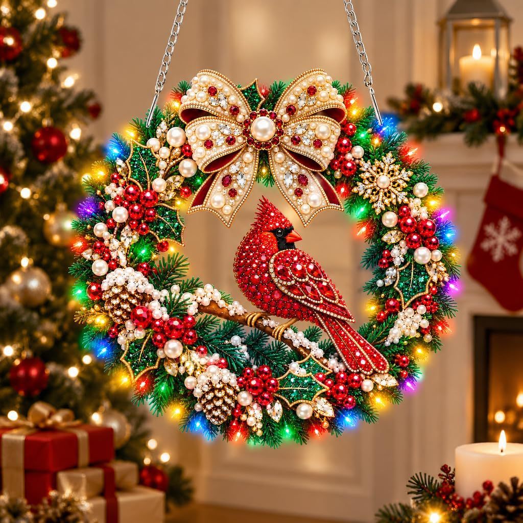 ✨DIY Diamond Painting Christmas Wreath Lighted Acrylic Holiday Door Hanging Decor🎄