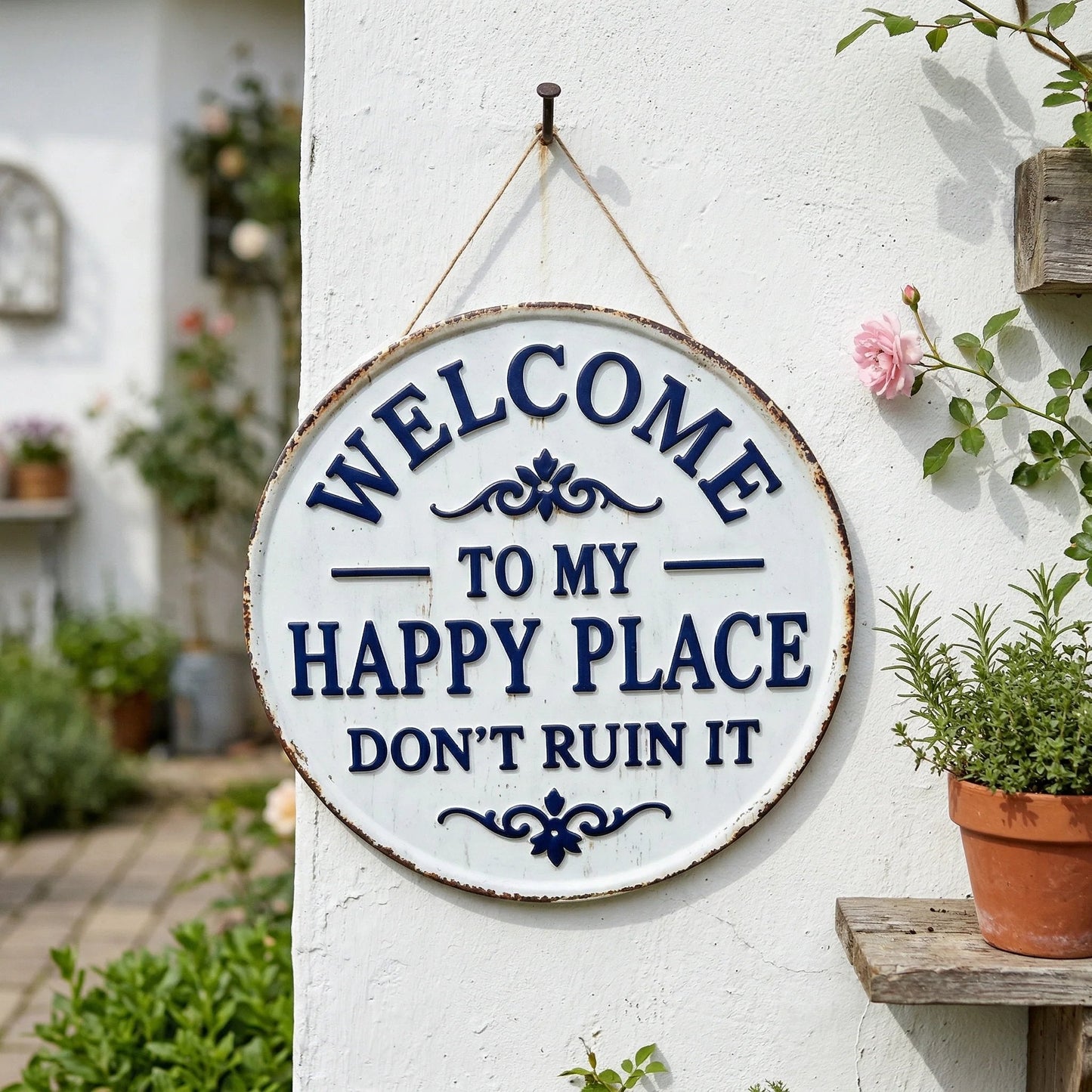 Vintage round metal sign - "Welcome to my happy place, don't ruin it" - wall decoration for the garden