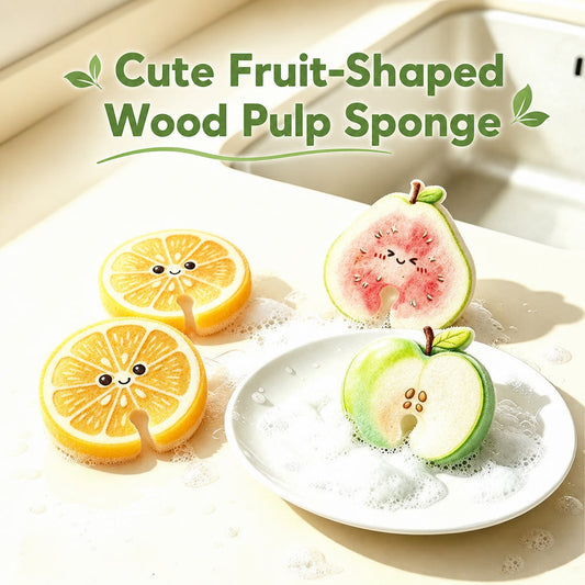 🍎Cute Fruit-Shaped Wood Pulp Sponge, Double Sided Non Scratch Kitchen Scrub Pads