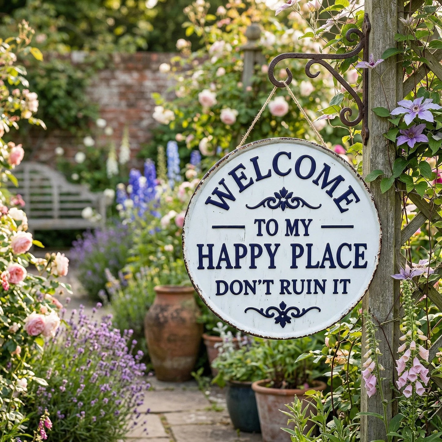 Vintage round metal sign - "Welcome to my happy place, don't ruin it" - wall decoration for the garden