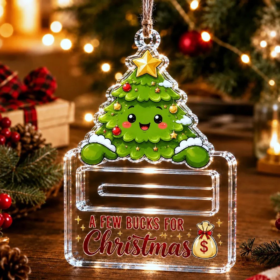 🎄Crystal-Clear Christmas Cash Holder Ornament | Premium Clear Acrylic with Festive Character Detail, Hidden Cash Slot & Hanging Rope Included 💵✨