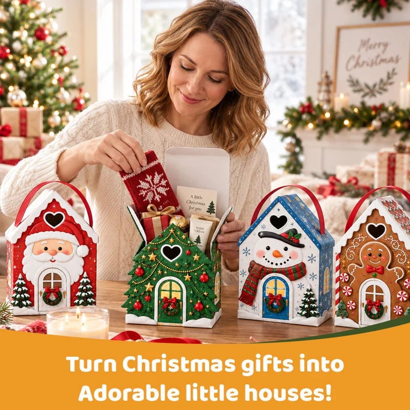 🏠 Christmas Cottage Handle Gift Box – 3D House‐Shaped Festive Packaging For Small Treats