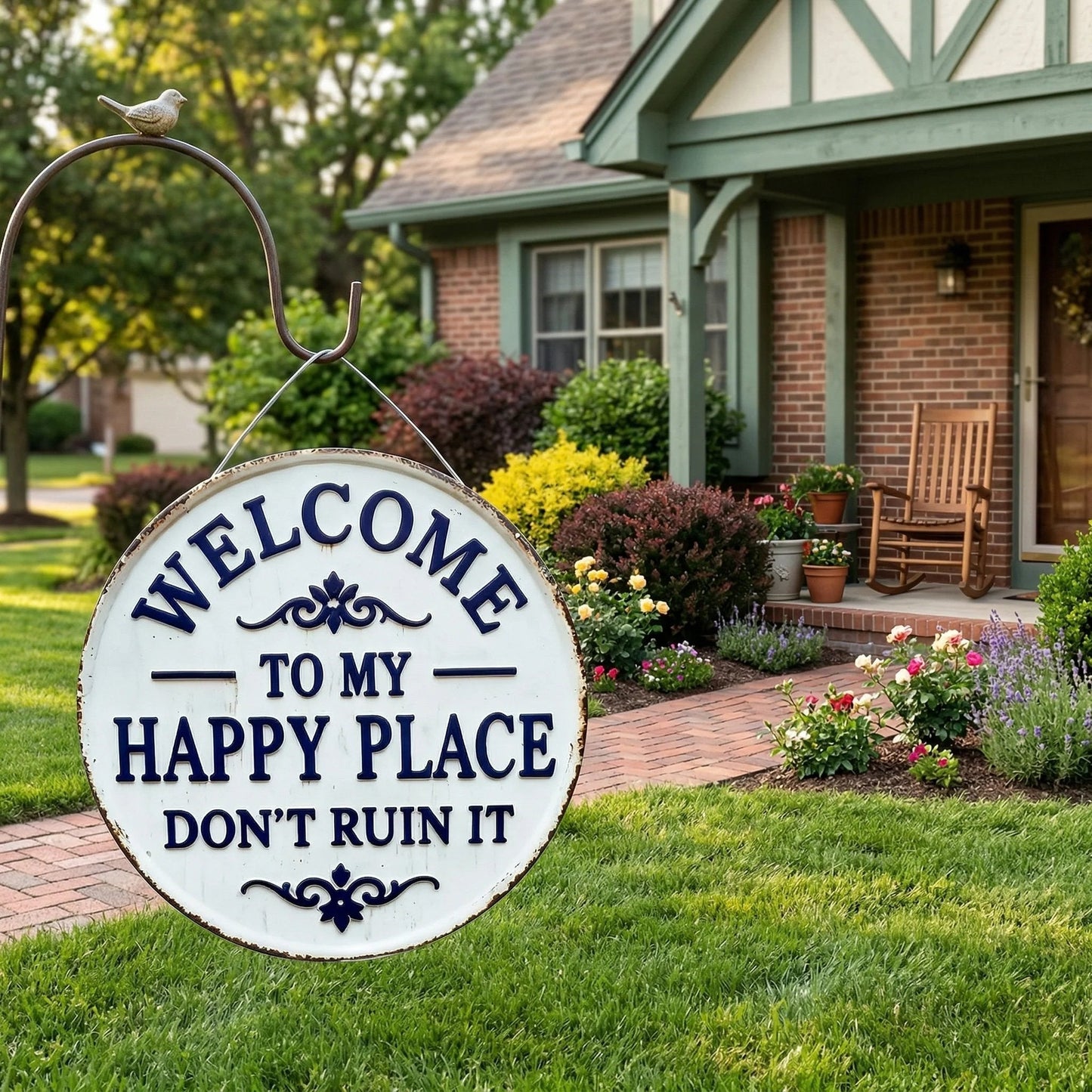 Vintage round metal sign - "Welcome to my happy place, don't ruin it" - wall decoration for the garden