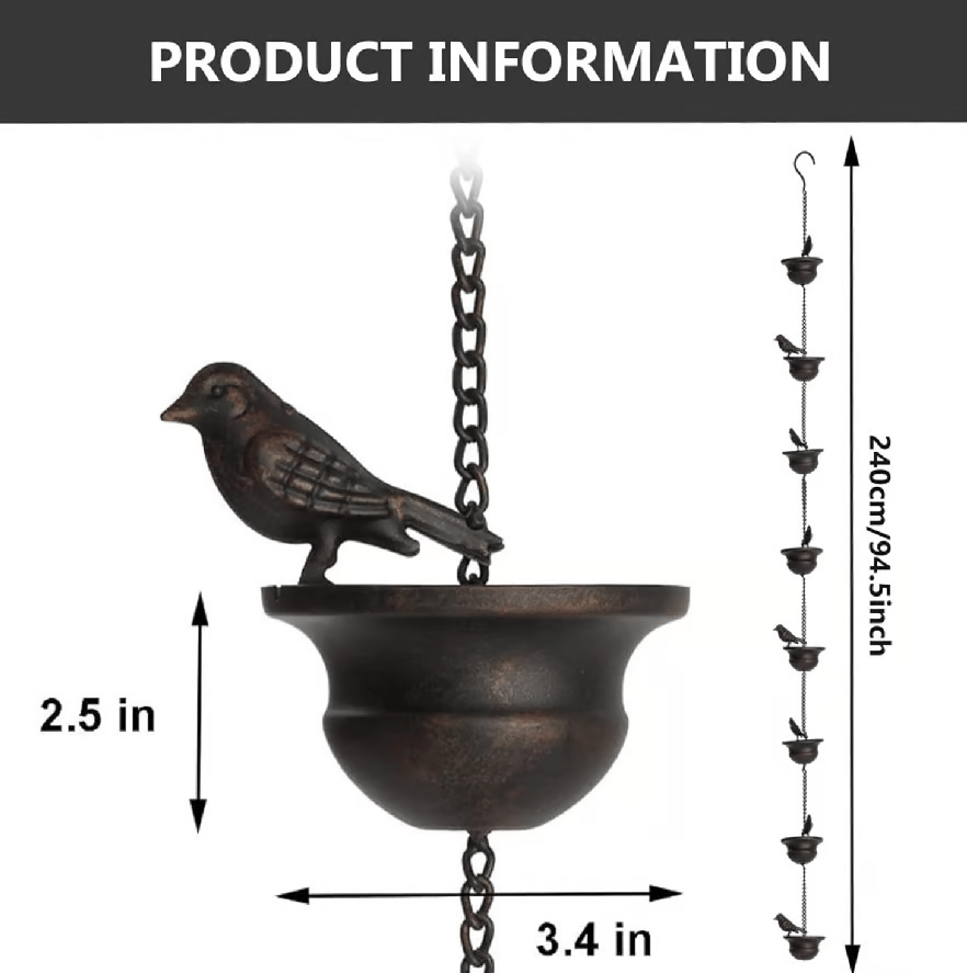 Where rain meets art - decorative rain chain with bird bath design