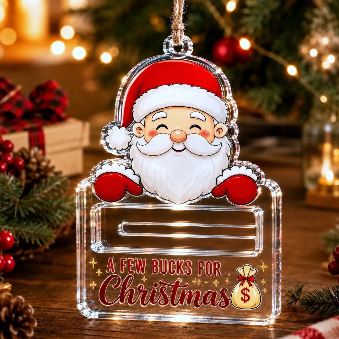 🎄Crystal-Clear Christmas Cash Holder Ornament | Premium Clear Acrylic with Festive Character Detail, Hidden Cash Slot & Hanging Rope Included 💵✨
