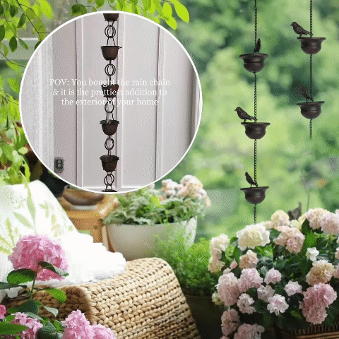 Where rain meets art - decorative rain chain with bird bath design