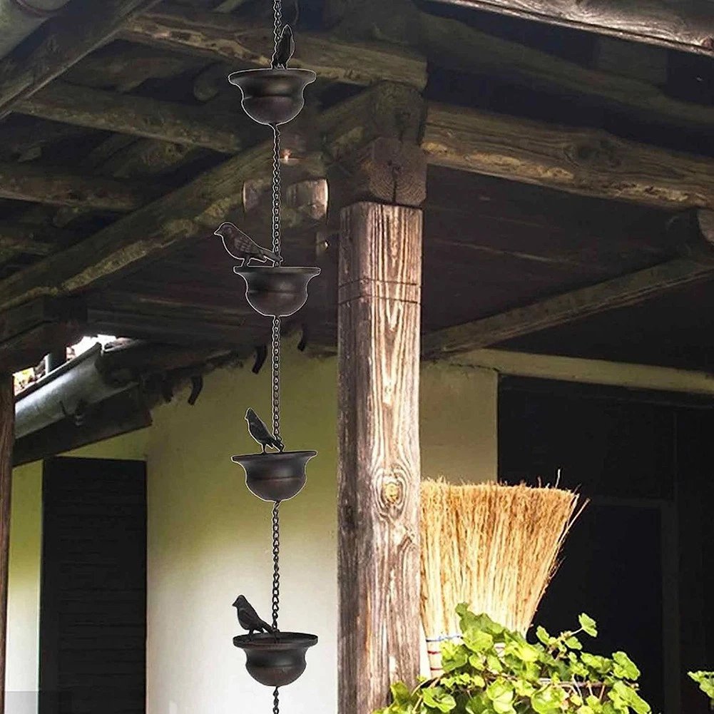 Where rain meets art - decorative rain chain with bird bath design