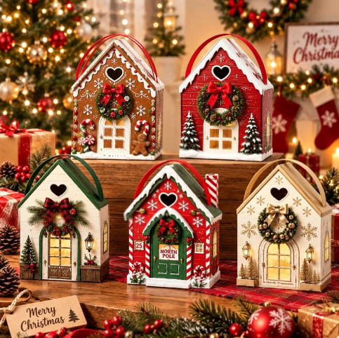 🏠 Christmas Cottage Handle Gift Box – 3D House‐Shaped Festive Packaging For Small Treats