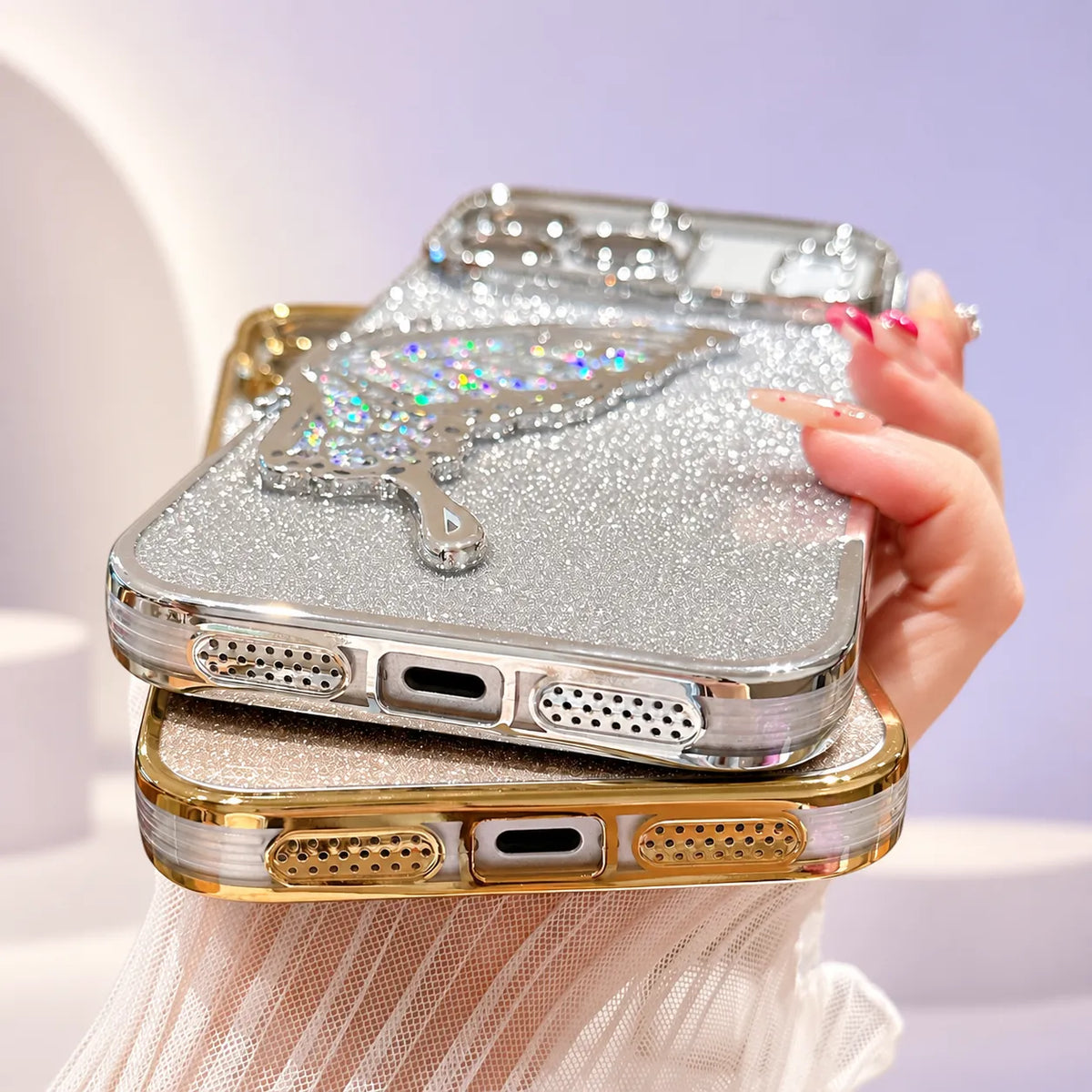 iPhone 18/17/16/15/14/13/12 3D Butterfly Glitter Case with Electroplated Shiny TPU Design