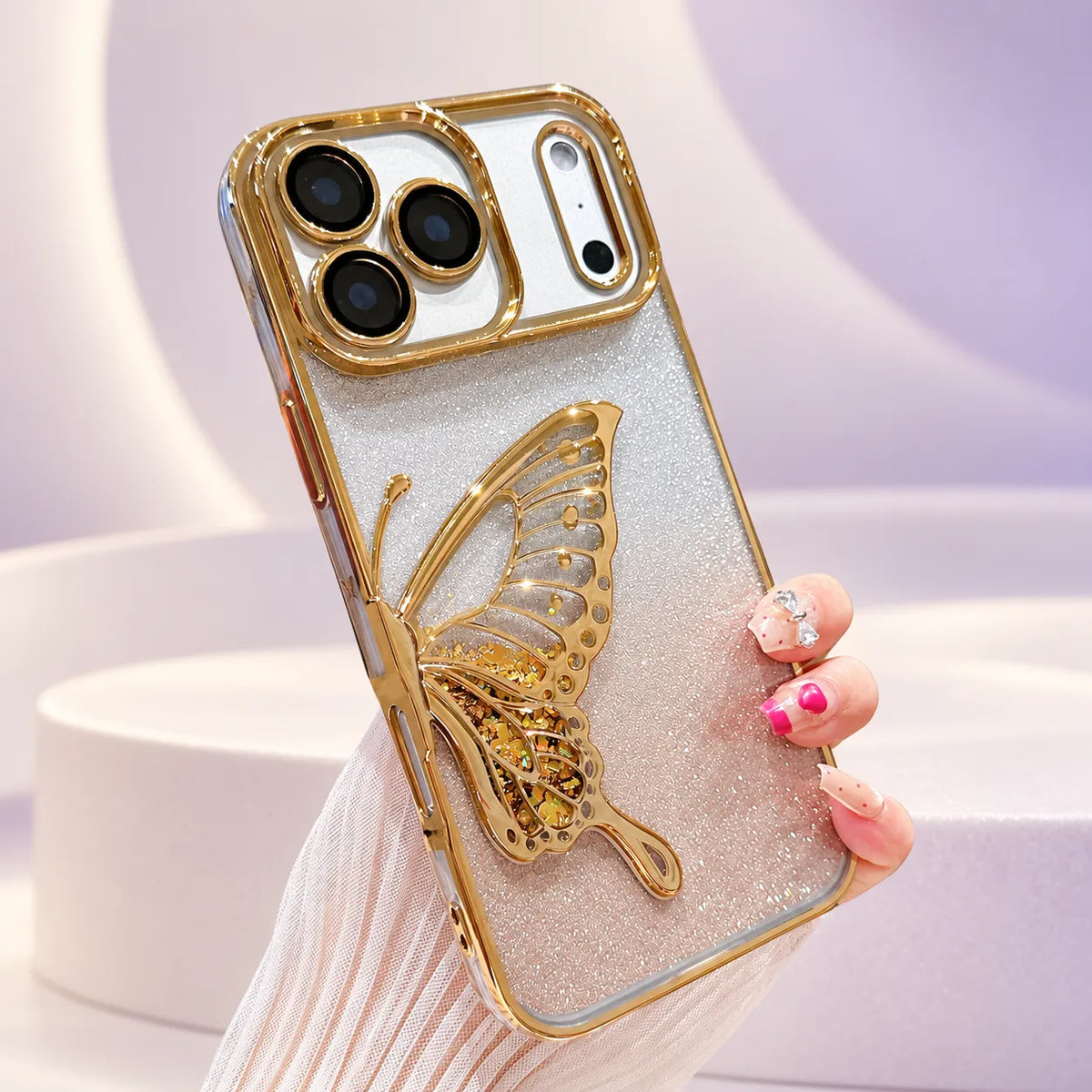 iPhone 18/17/16/15/14/13/12 3D Butterfly Glitter Case with Electroplated Shiny TPU Design