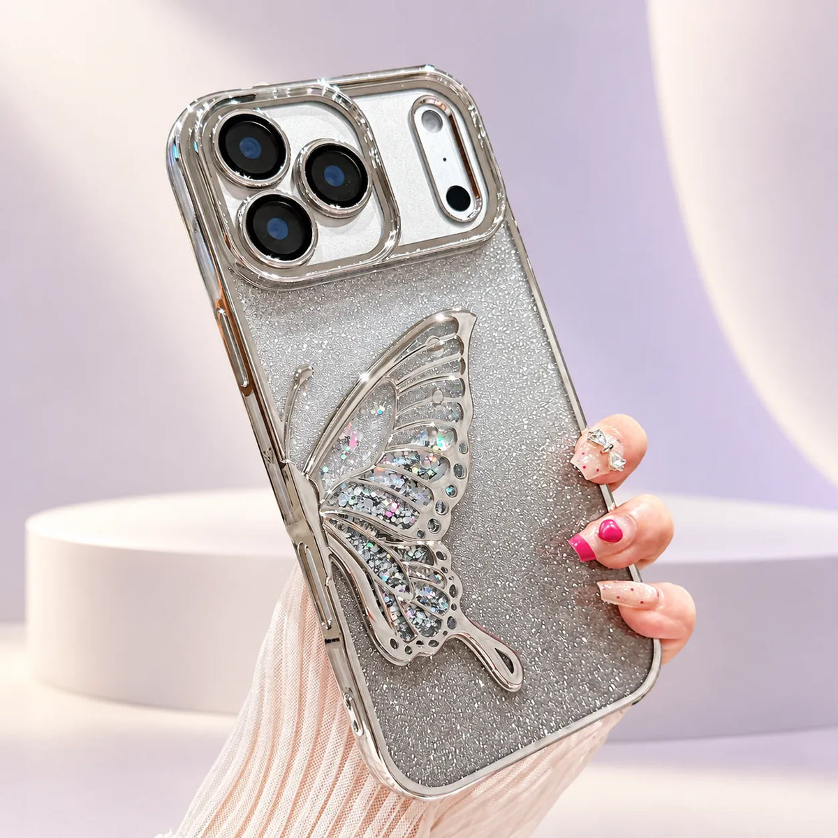 iPhone 18/17/16/15/14/13/12 3D Butterfly Glitter Case with Electroplated Shiny TPU Design
