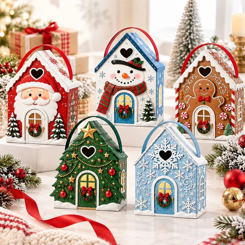 🏠 Christmas Cottage Handle Gift Box – 3D House‐Shaped Festive Packaging For Small Treats