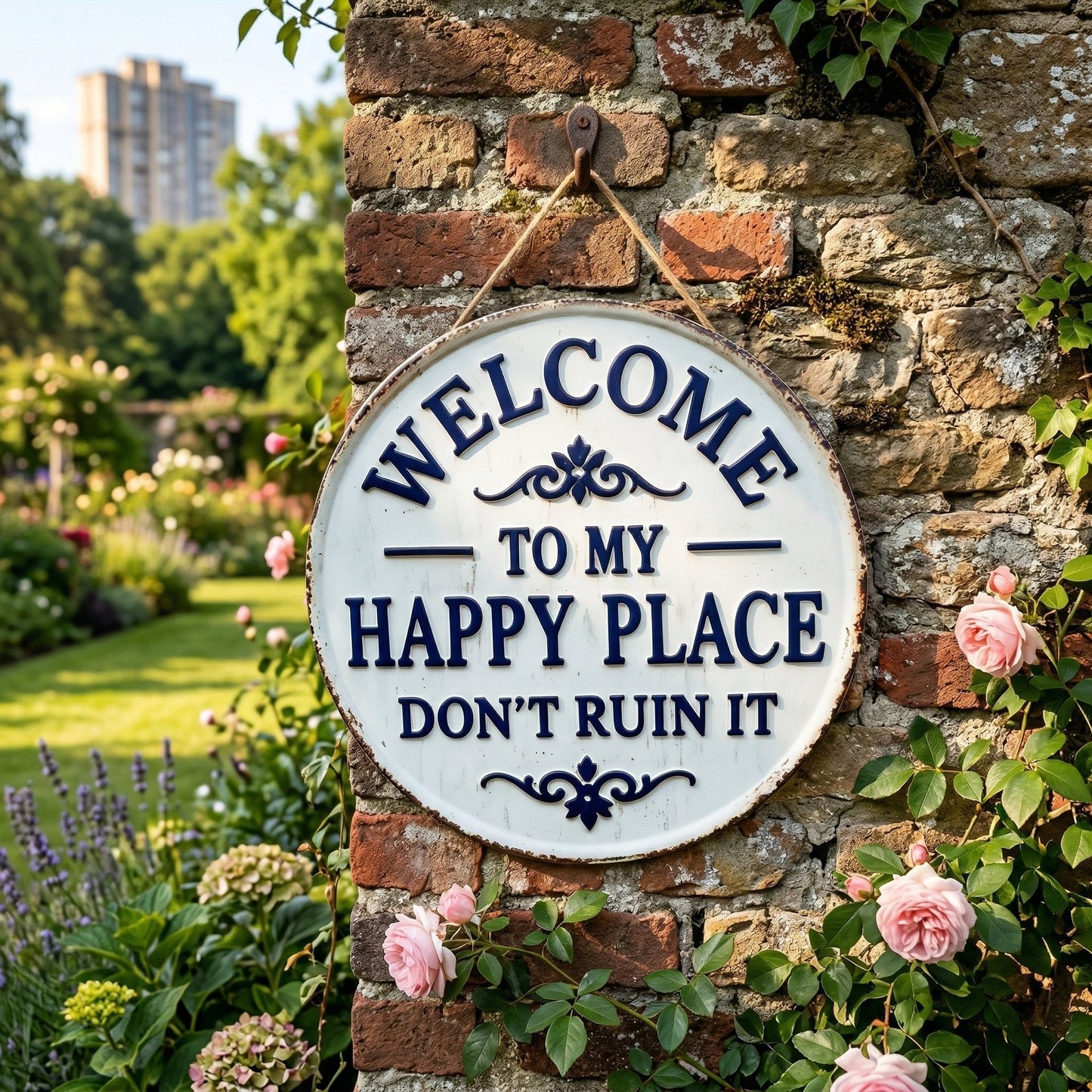 Vintage round metal sign - "Welcome to my happy place, don't ruin it" - wall decoration for the garden