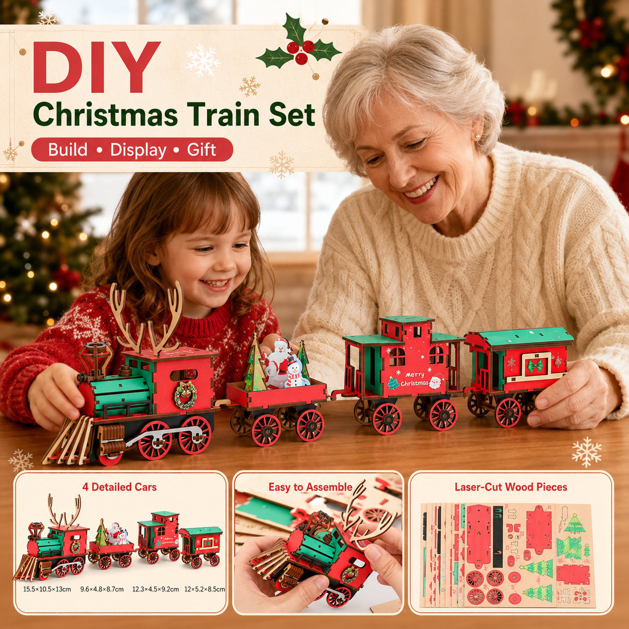 🎄LAST DAY 50% OFF – DIY wooden Christmas train set – 3D assembly puzzle