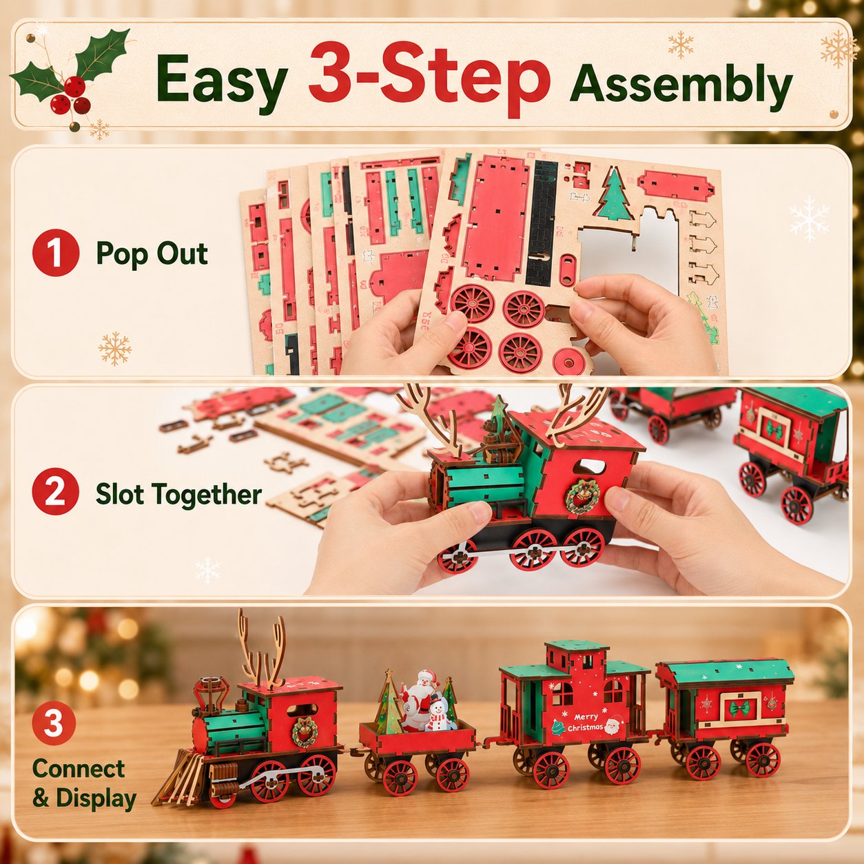 🎄LAST DAY 50% OFF – DIY wooden Christmas train set – 3D assembly puzzle