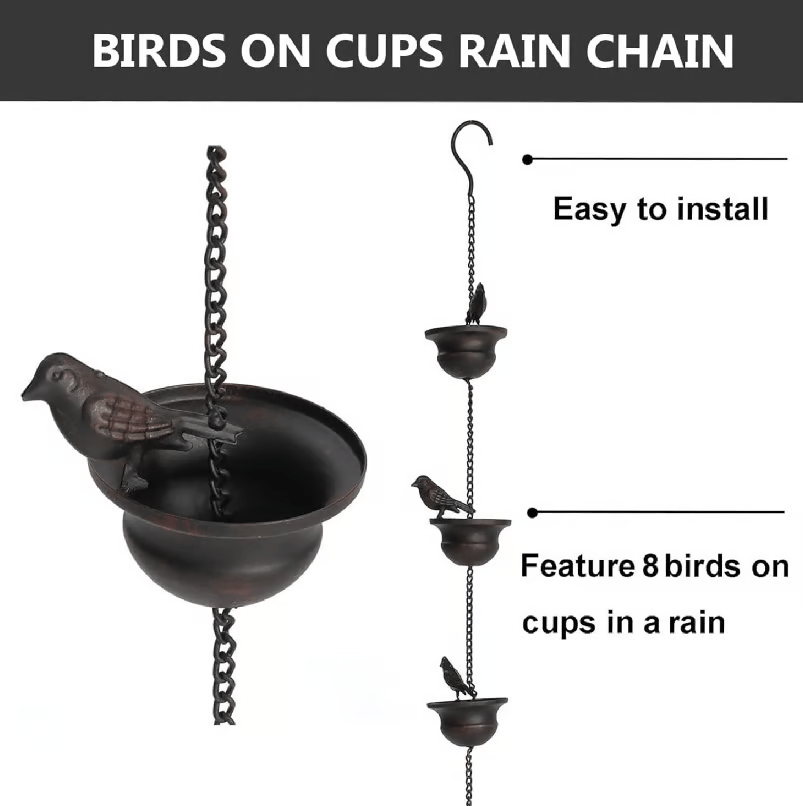 Where rain meets art - decorative rain chain with bird bath design