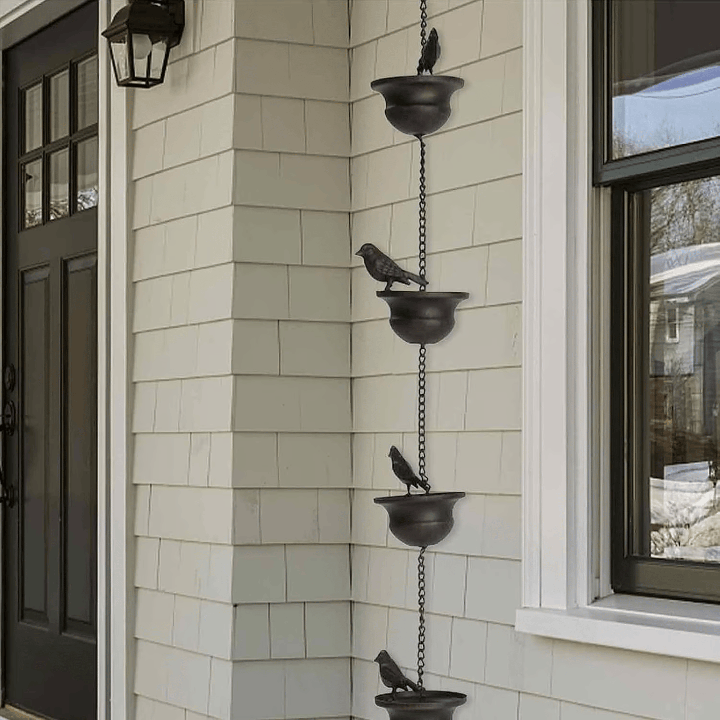Where rain meets art - decorative rain chain with bird bath design